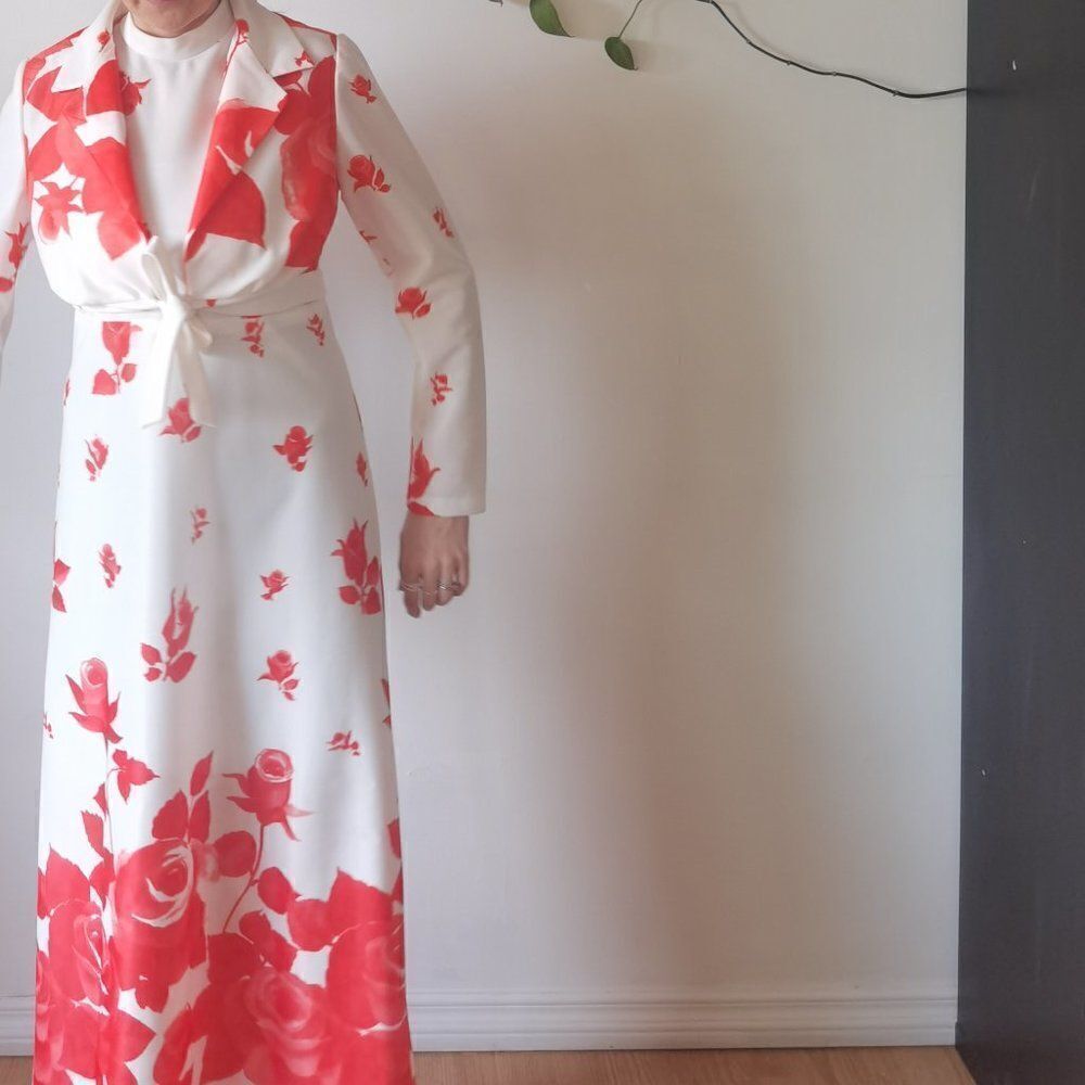 2 piece 1970s Rose Print Red & White Maxi Dress Set - Picture 1 of 6